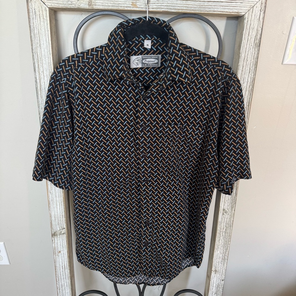 LeFrog Original Geometric‎ Print Button Up Shirt Mens Small Black Tan Blue Y2K